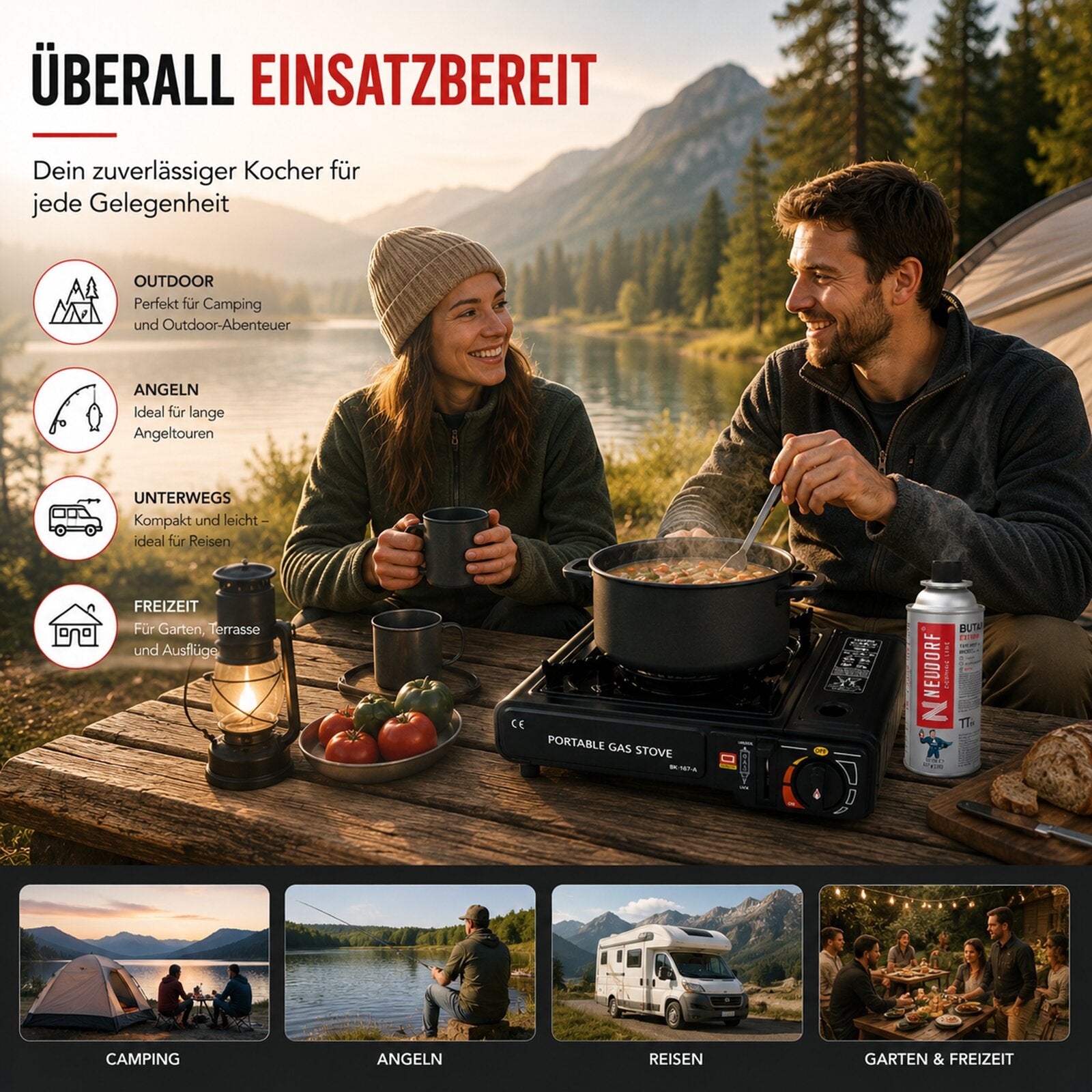 Camping Gaskocher mit Piezo-Zündung | Wahlweise mit 8 Gaskartuschen