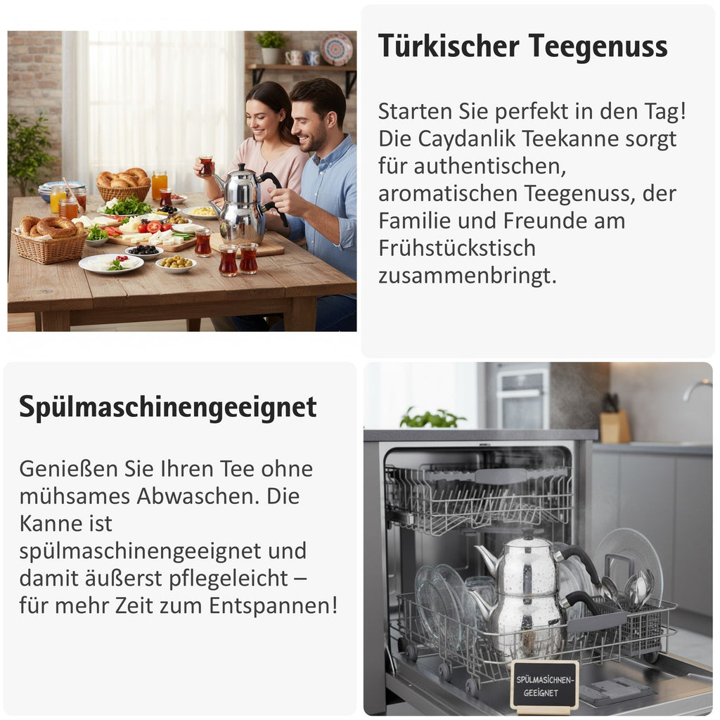 Caydanlik Teekanne Edelstahl 2-stöckig – Türkischer Teekocher induktionsgeeignet – mit Teegläsern oder nur Kanne