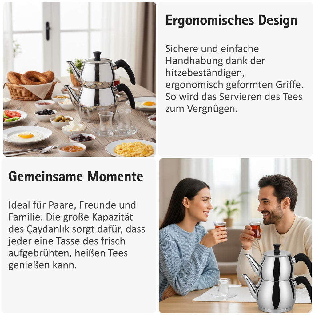 Caydanlik Teekanne Edelstahl 2-stöckig – Türkischer Teekocher induktionsgeeignet – mit Teegläsern oder nur Kanne