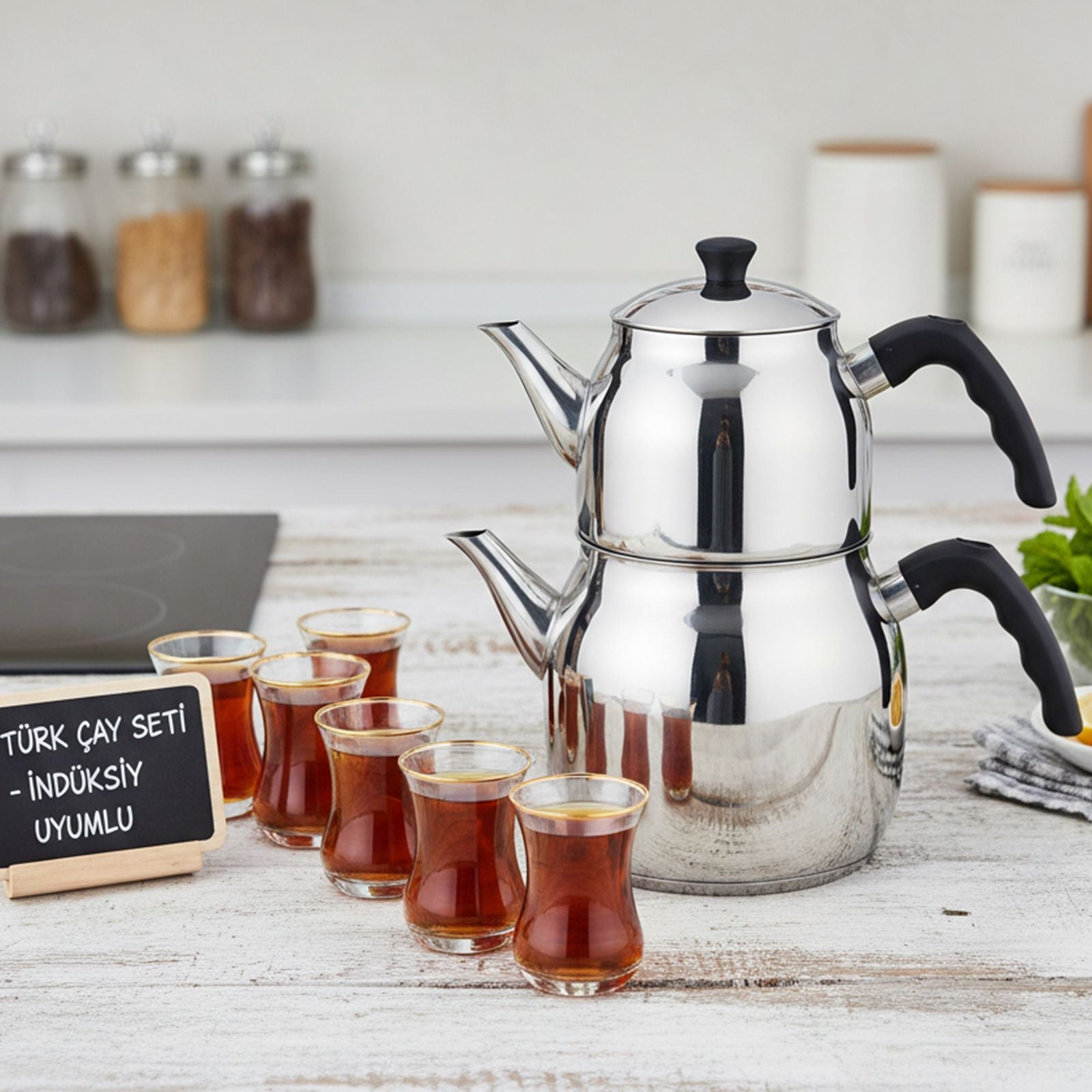 Caydanlik Teekanne Edelstahl 2-stöckig – Türkischer Teekocher induktionsgeeignet – mit Teegläsern oder nur Kanne