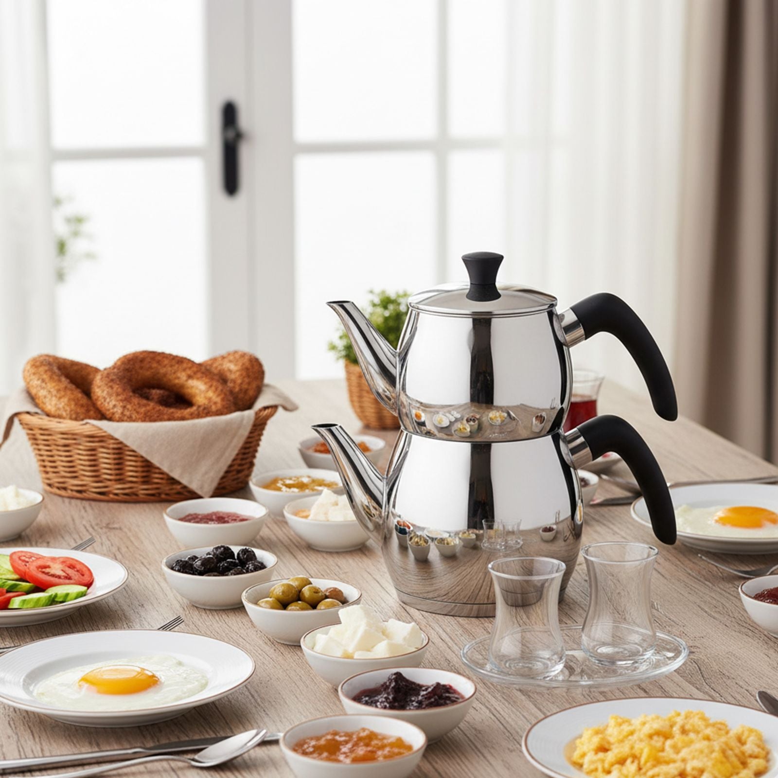 Caydanlik Teekanne Edelstahl 2-stöckig – Türkischer Teekocher induktionsgeeignet – mit Teegläsern oder nur Kanne