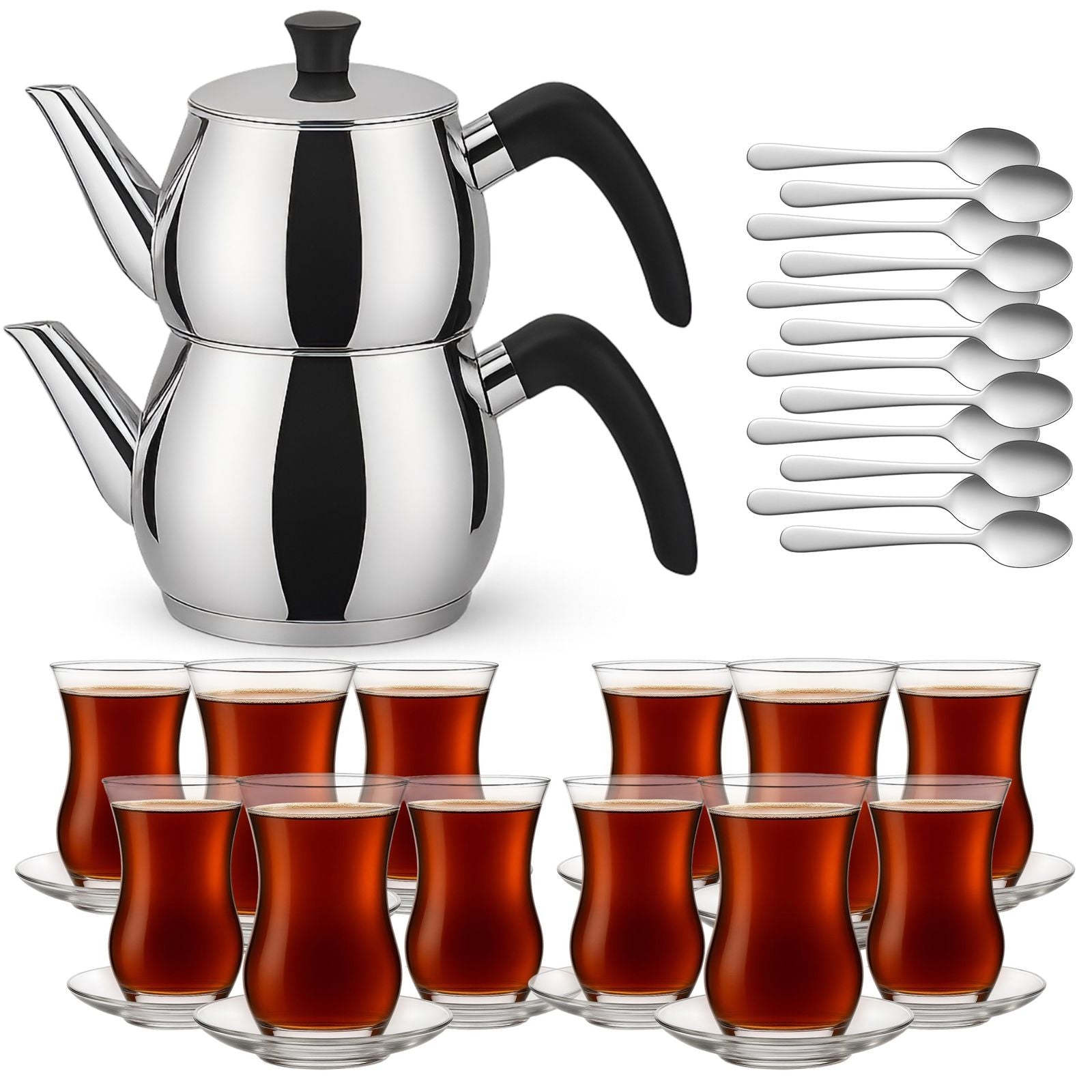Caydanlik Teekanne Edelstahl 2-stöckig – Türkischer Teekocher induktionsgeeignet – mit Teegläsern oder nur Kanne
