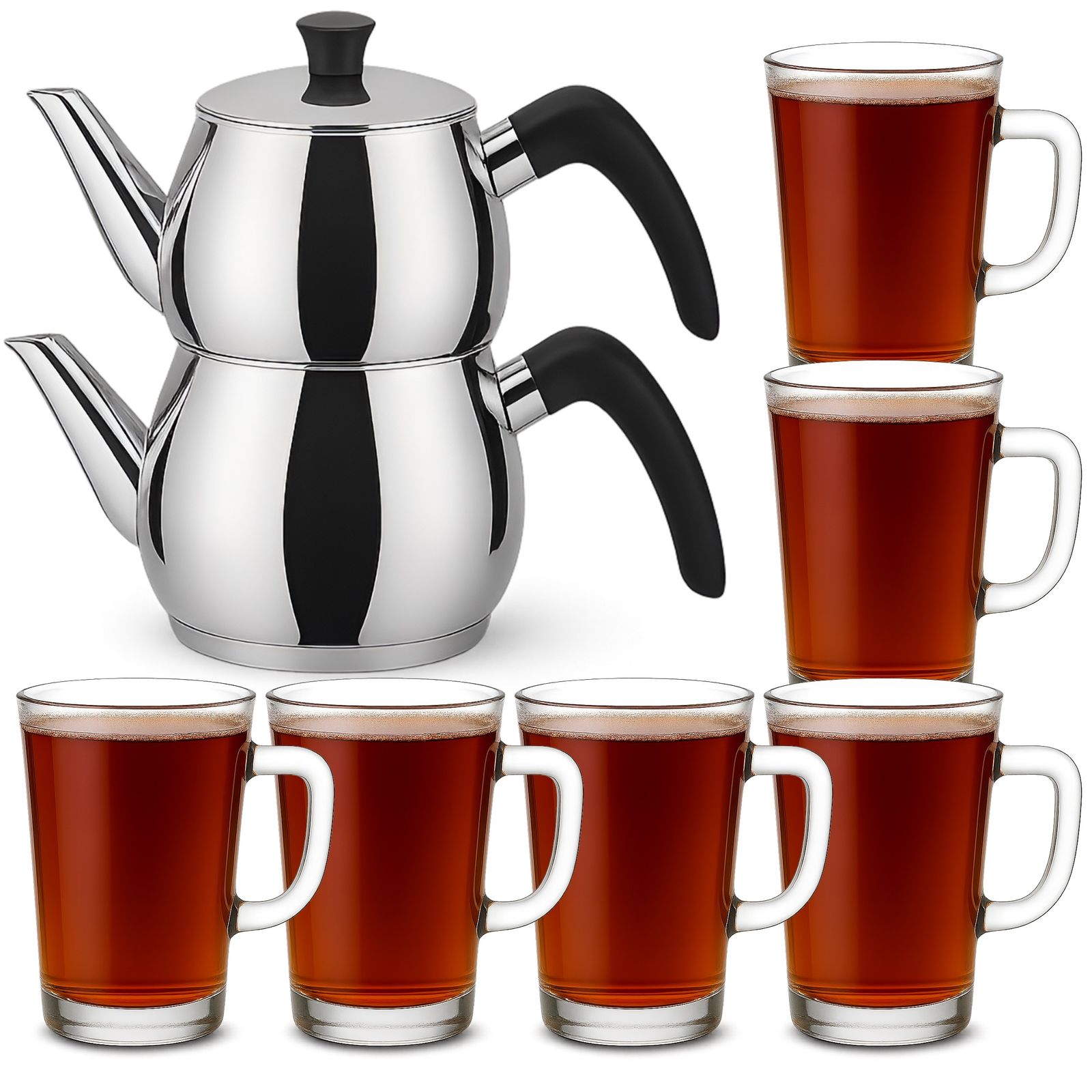 Caydanlik Teekanne Edelstahl 2-stöckig – Türkischer Teekocher induktionsgeeignet – mit Teegläsern oder nur Kanne