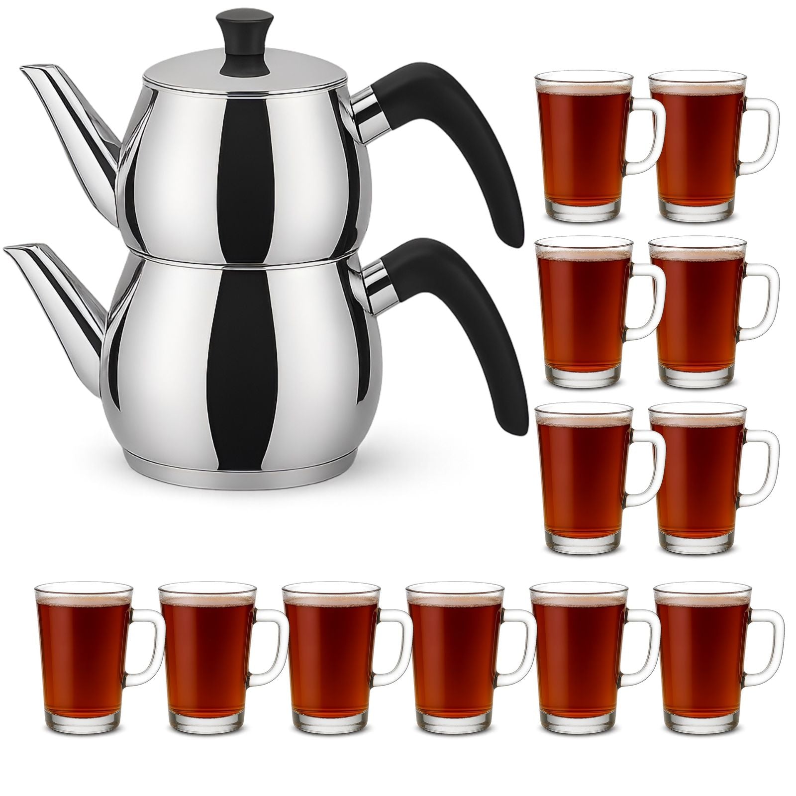 Caydanlik Teekanne Edelstahl 2-stöckig – Türkischer Teekocher induktionsgeeignet – mit Teegläsern oder nur Kanne