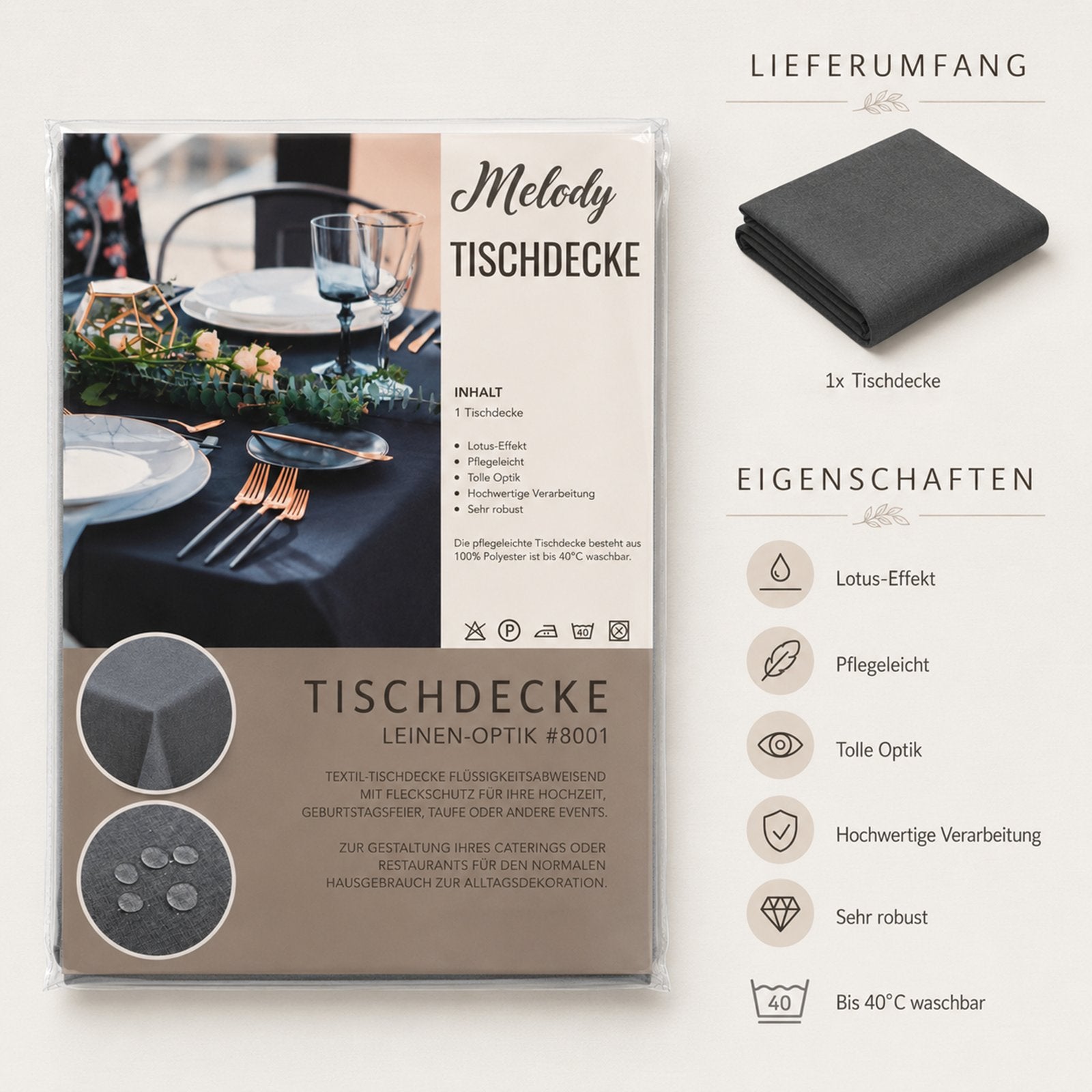 Tischdecke Gartentischdecke Leinen-Optik eckig rund oval mit Fleck-Schutz wasserabweisend easy-clean Effekt