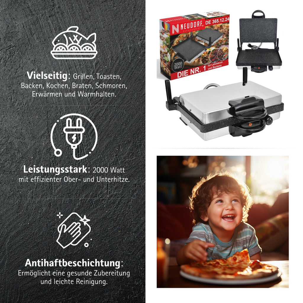 Neudorf Lahmacun Makinesi Multigrill 2000W | Elektro Kontaktgrill & Toaster mit Antihaftbeschichtung – Vielseitig für Lahmacun, Pizza, Fleisch & Gemüse