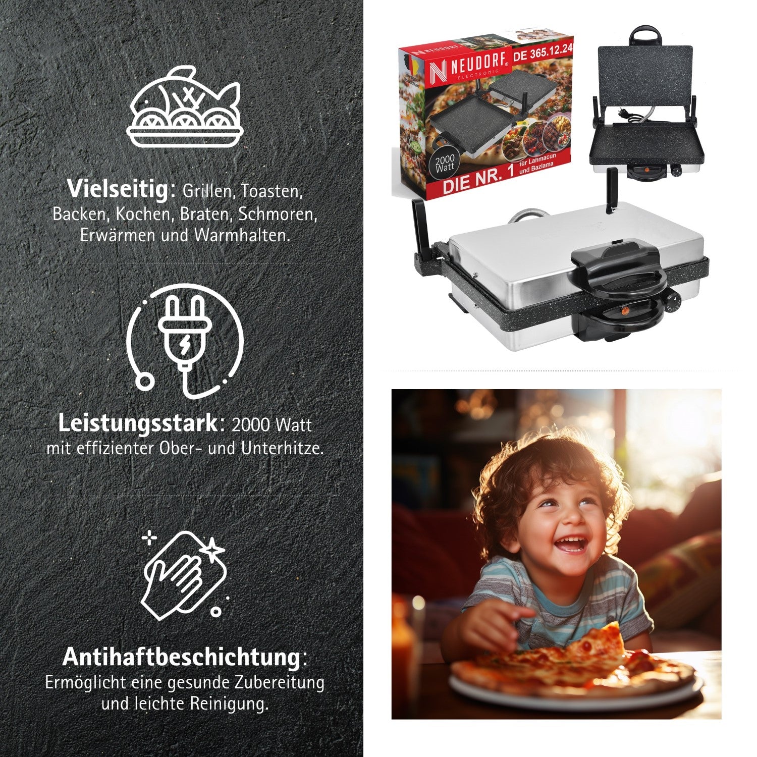 Neudorf Lahmacun Makinesi Multigrill 2000W | Elektro Kontaktgrill & Toaster mit Antihaftbeschichtung – Vielseitig für Lahmacun, Pizza, Fleisch & Gemüse