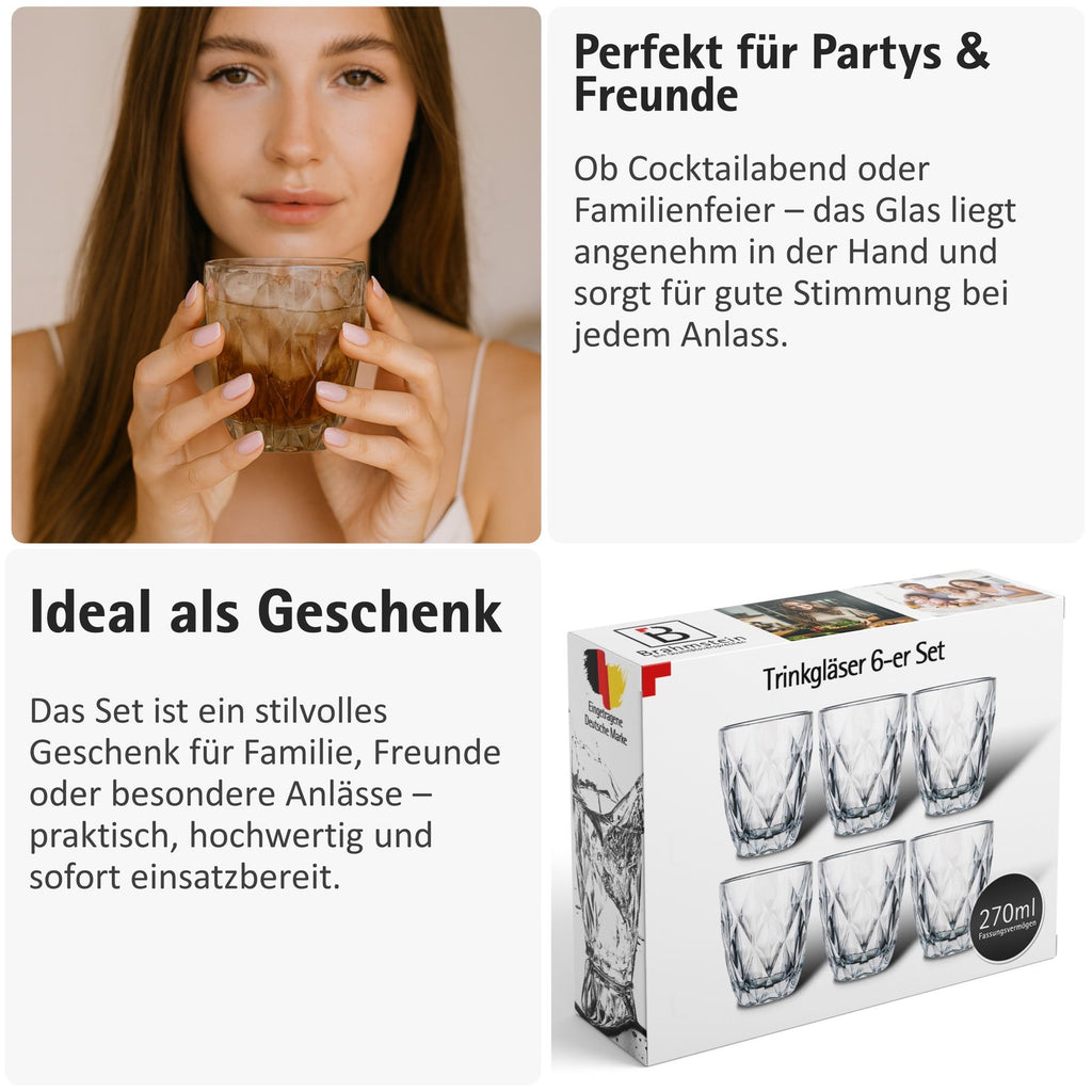 Premium Trinkgläser Set, 270 ml Elegante Wassergläser und Saftgläser, Ästhetische Drinking Glasses, Spülmaschinenfest, Ideal für Wasser und Saft