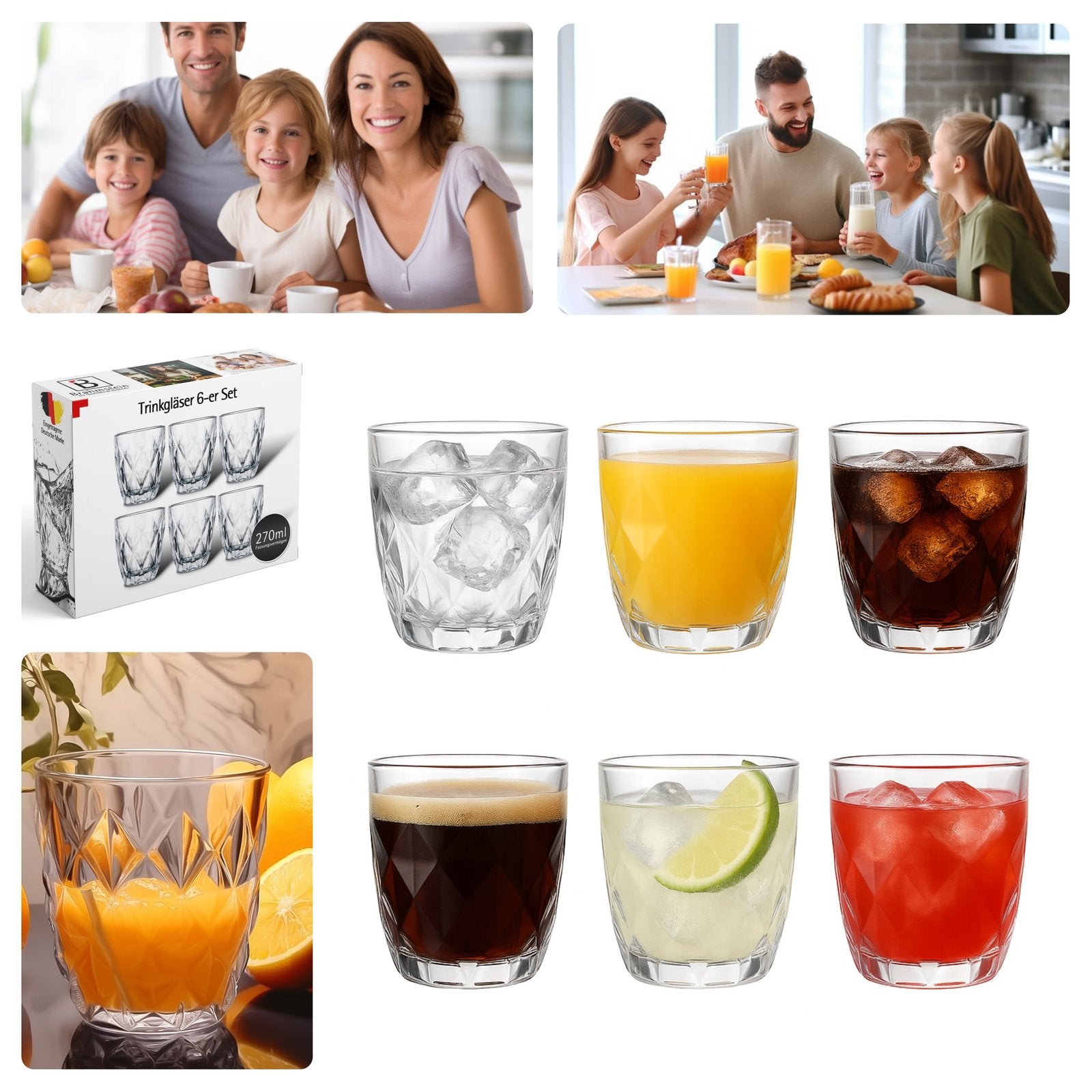 Premium Trinkgläser Set, 270 ml Elegante Wassergläser und Saftgläser, Ästhetische Drinking Glasses, Spülmaschinenfest, Ideal für Wasser und Saft