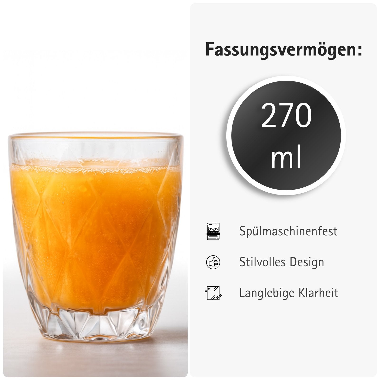 Premium Trinkgläser Set, 270 ml Elegante Wassergläser und Saftgläser, Ästhetische Drinking Glasses, Spülmaschinenfest, Ideal für Wasser und Saft