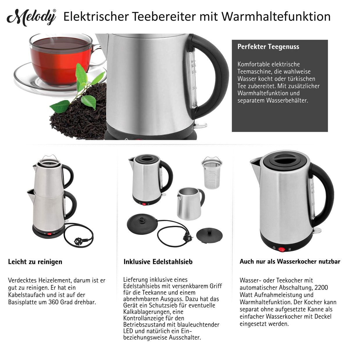 Teekocher Elektrischer Teebereiter 2-Stöckig Warmhaltefunktion Caymatik Wasserkocher mit Sieb 2200 Watt 2,7 Liter