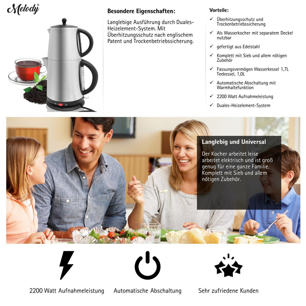 Teekocher Elektrischer Teebereiter 2-Stöckig Warmhaltefunktion Caymatik Wasserkocher mit Sieb 2200 Watt 2,7 Liter
