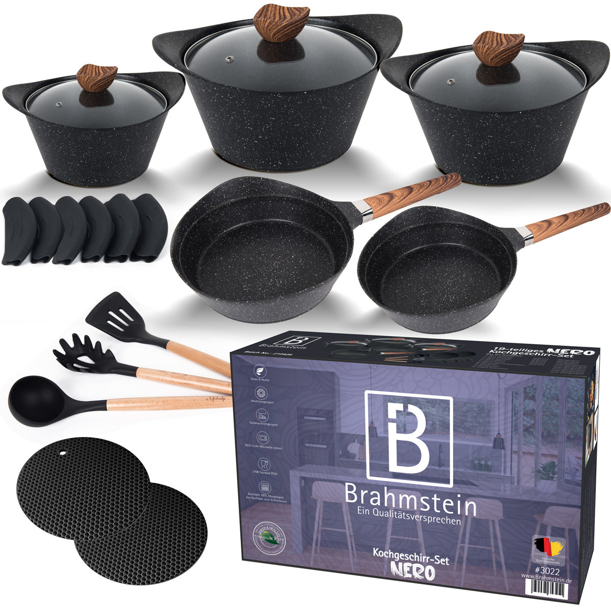 Topfset Pfannenset Kochtopf Kochtopfset 19-Teilig Antihaftbeschichtung Töpfe alle Herdarten induktionsgeeignet "Nero-Black"