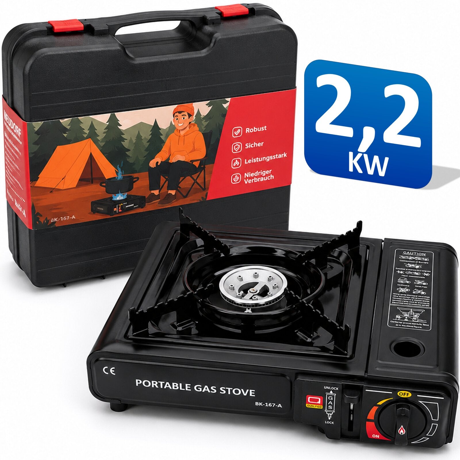 Camping Gaskocher mit Piezo-Zündung | Wahlweise mit 8 Gaskartuschen
