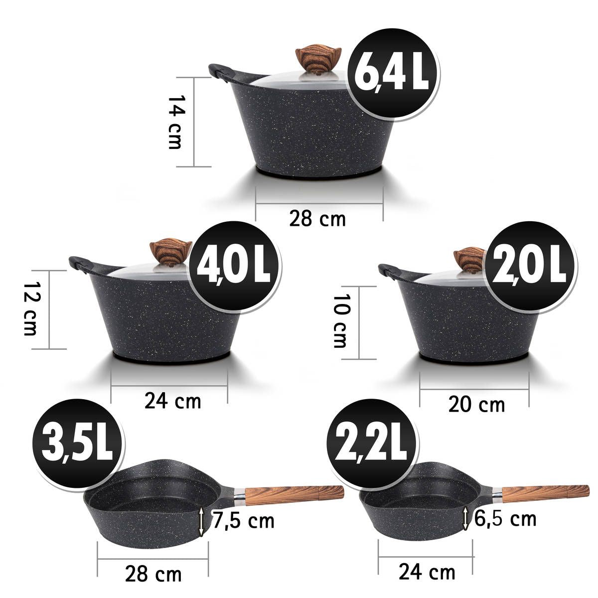 Topfset Pfannenset Kochtopf Kochtopfset 19-Teilig Antihaftbeschichtung Töpfe alle Herdarten induktionsgeeignet "Nero-Black"