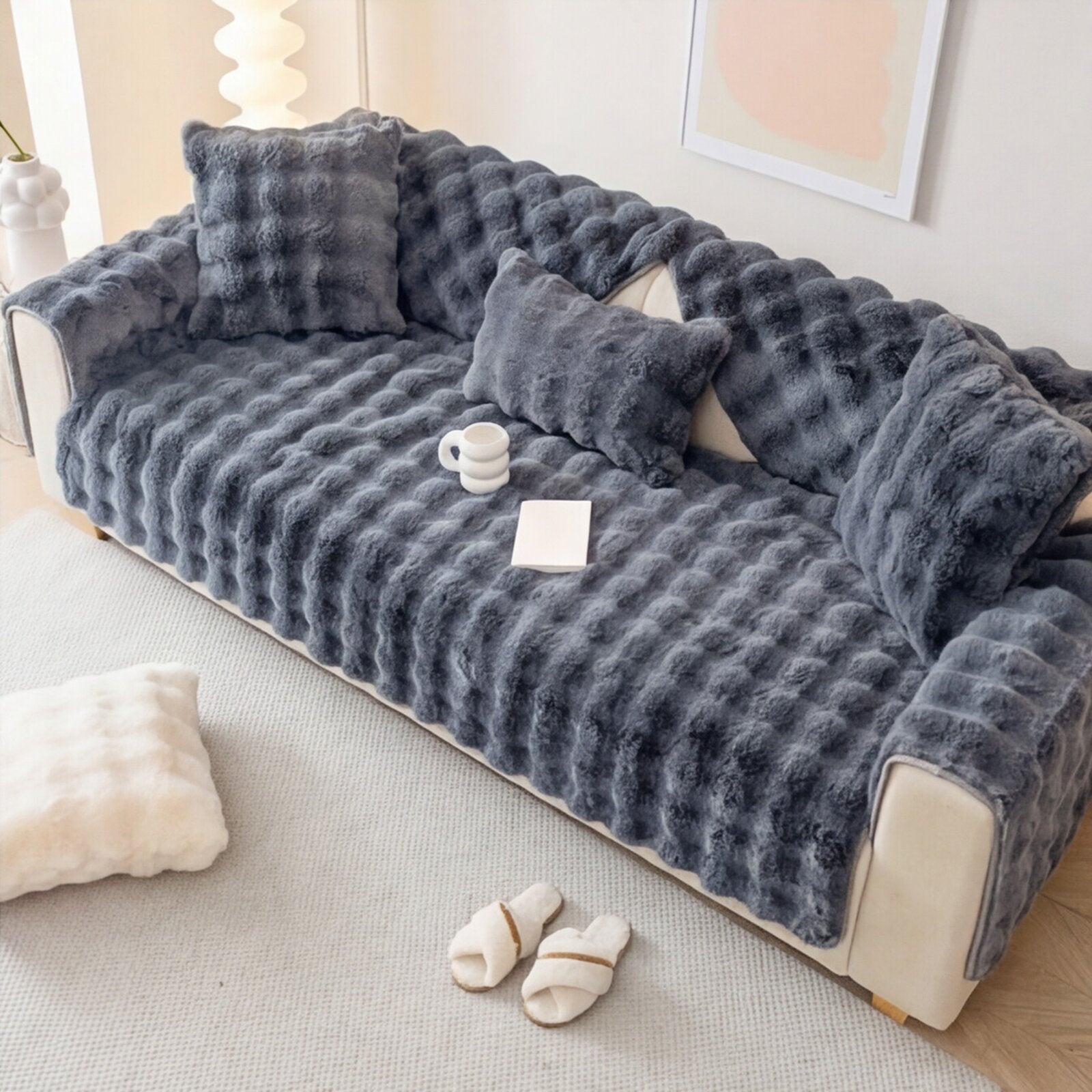 Plüsch Sofaüberwurf mit Anti-Rutsch-Unterseite – Einzelelement frei wählbar (Sitz, Rücken, Armlehne oder Kissenbezug)