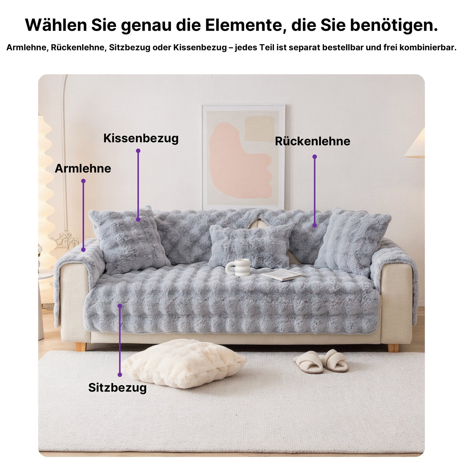 Plüsch Sofaüberwurf mit Anti-Rutsch-Unterseite – Einzelelement frei wählbar (Sitz, Rücken, Armlehne oder Kissenbezug)