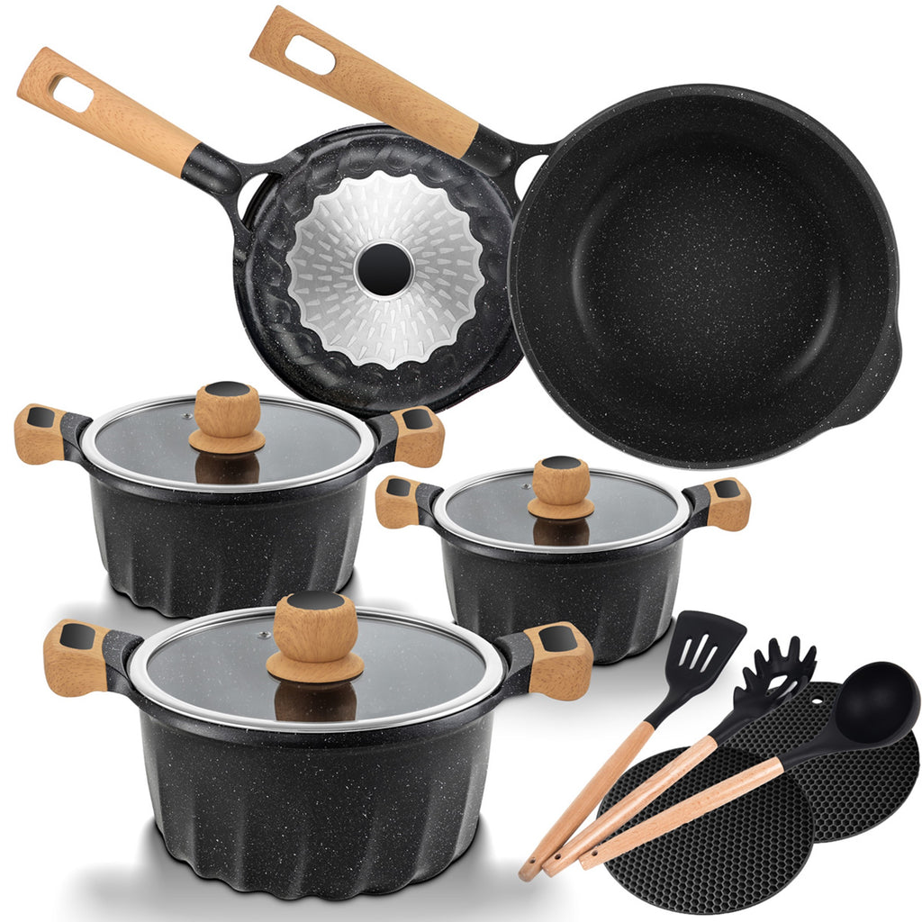 13-teiliges Kochtopf-Set Schwarz | Topfset Pfannenset Induktion | Kochtöpfe, Induktionspfannen, Pfanne 24 cm, Pfanne 28 cm | Kochtopf Induktion und Töpfe Set
