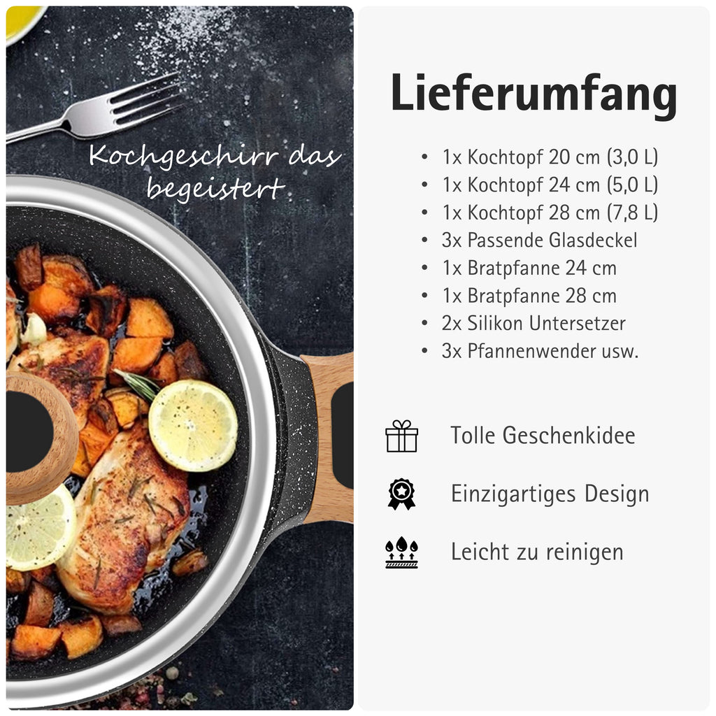 13-teiliges Kochtopf-Set Schwarz | Topfset Pfannenset Induktion | Kochtöpfe, Induktionspfannen, Pfanne 24 cm, Pfanne 28 cm | Kochtopf Induktion und Töpfe Set