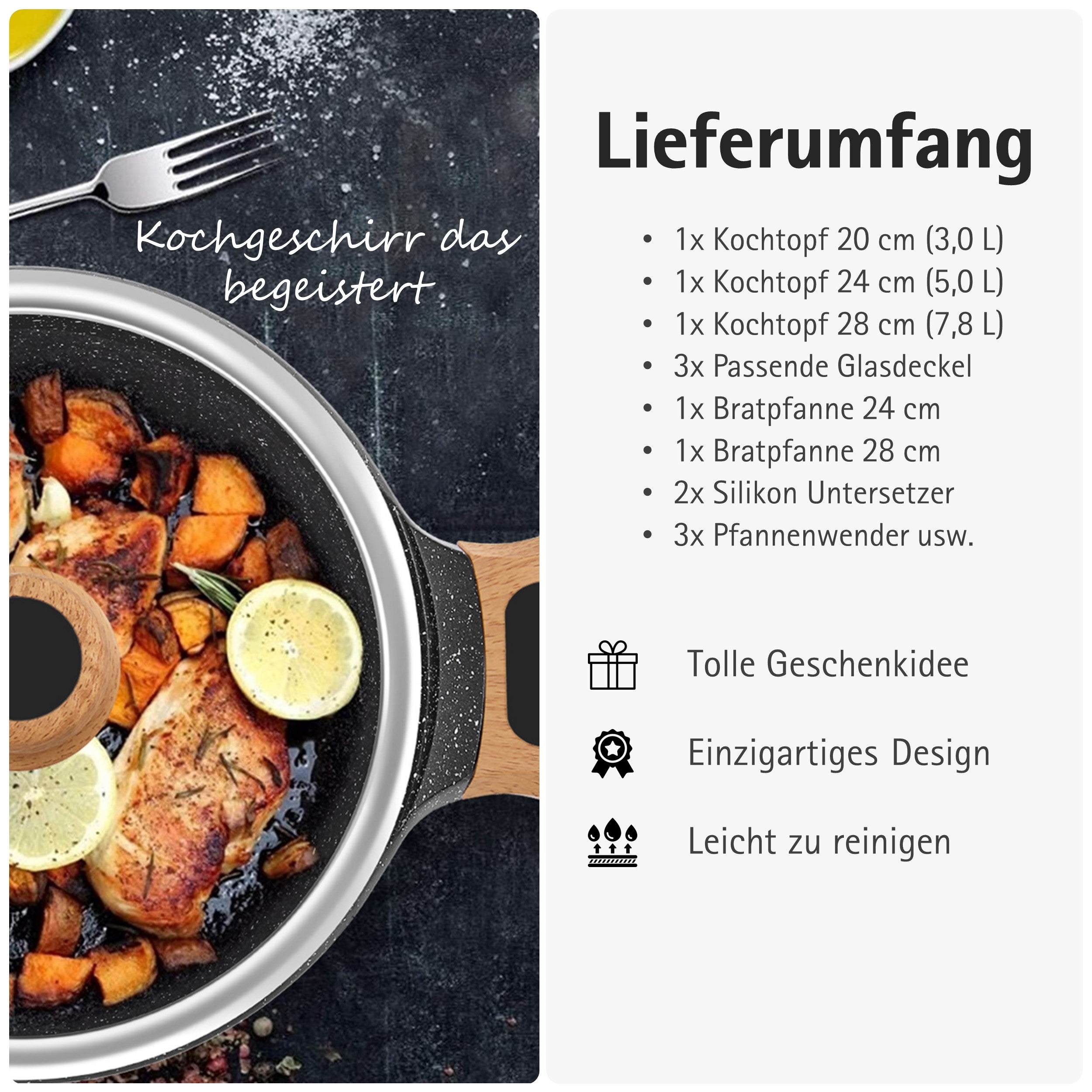 13-teiliges Kochtopf-Set Schwarz | Topfset Pfannenset Induktion | Kochtöpfe, Induktionspfannen, Pfanne 24 cm, Pfanne 28 cm | Kochtopf Induktion und Töpfe Set