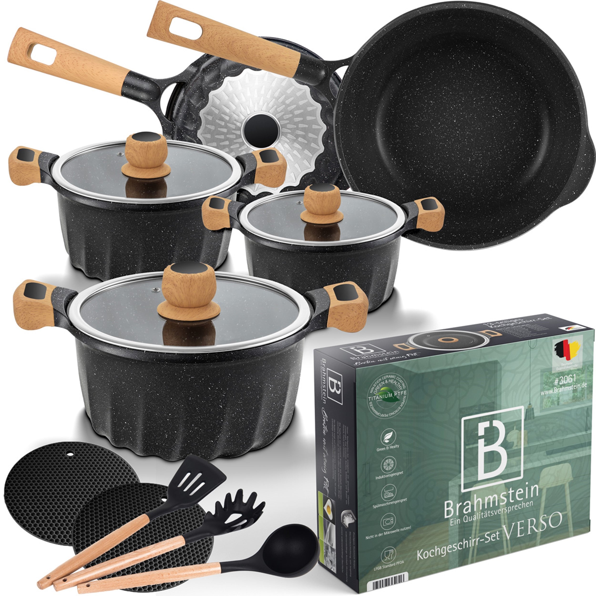 13-teiliges Kochtopf-Set Schwarz | Topfset Pfannenset Induktion | Kochtöpfe, Induktionspfannen, Pfanne 24 cm, Pfanne 28 cm | Kochtopf Induktion und Töpfe Set