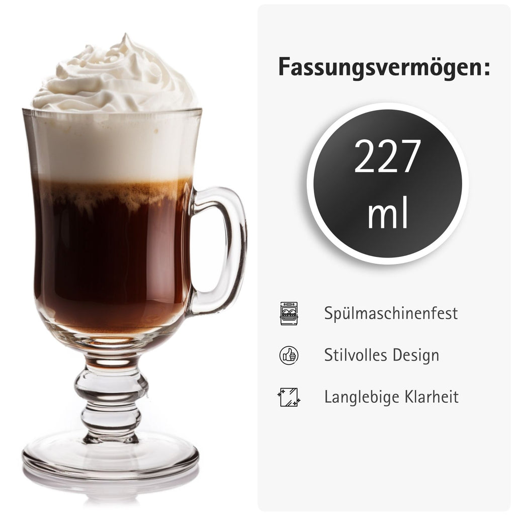 Irish Coffee Gläser mit Henkel (6er Set) - 227 ml - Ideal für Latte, Whisky, Glühwein & Heiße Schokolade