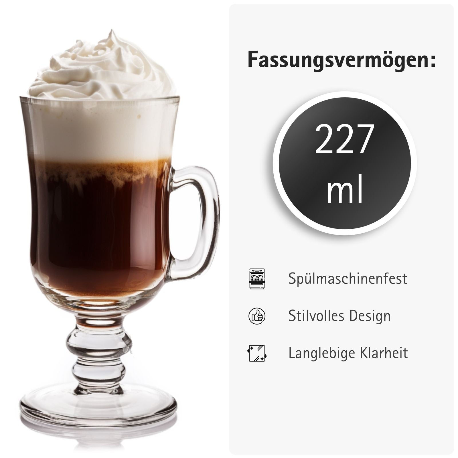 Irish Coffee Gläser mit Henkel (6er Set) - 227 ml - Ideal für Latte, Whisky, Glühwein & Heiße Schokolade