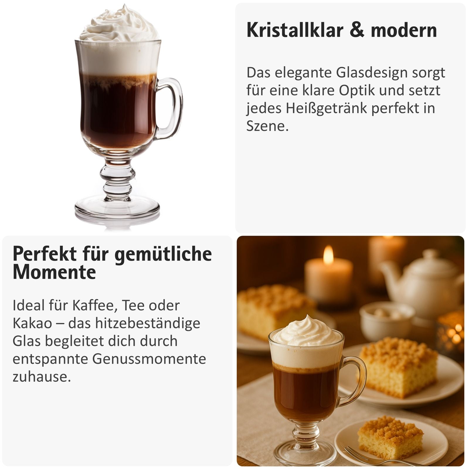 Irish Coffee Gläser mit Henkel (6er Set) - 227 ml - Ideal für Latte, Whisky, Glühwein & Heiße Schokolade
