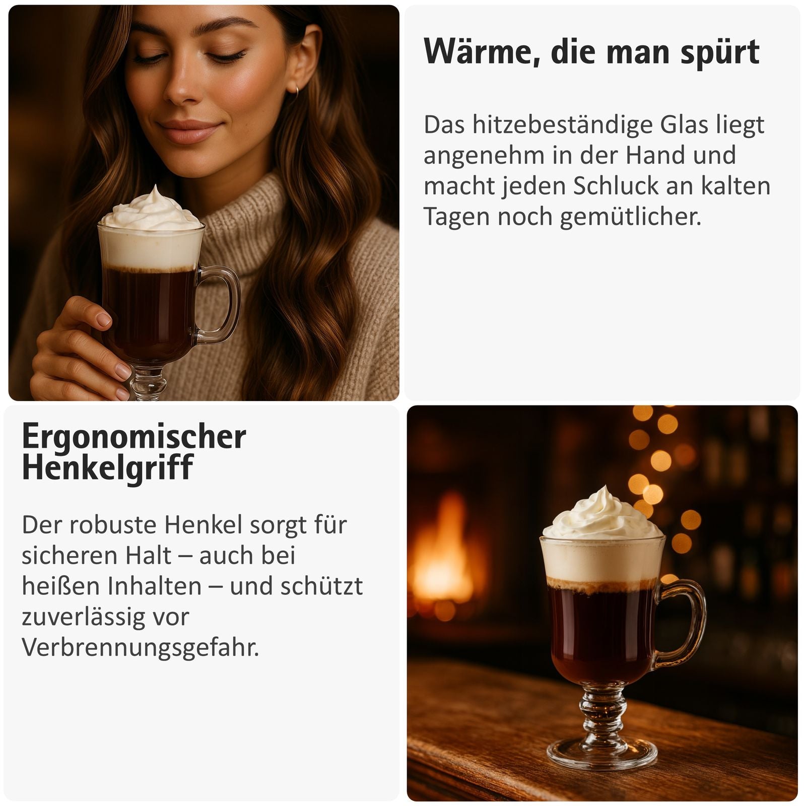 Irish Coffee Gläser mit Henkel (6er Set) - 227 ml - Ideal für Latte, Whisky, Glühwein & Heiße Schokolade