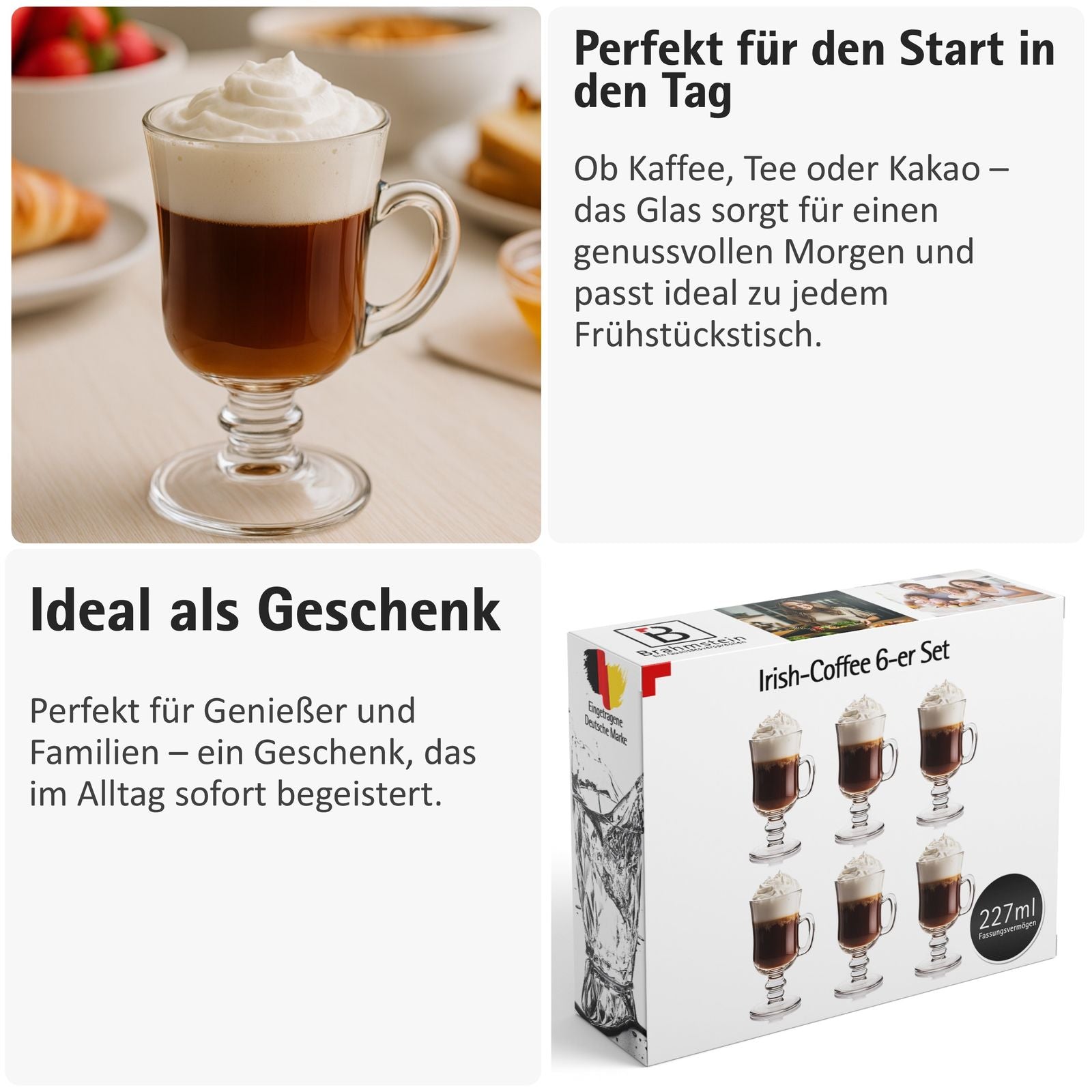 Irish Coffee Gläser mit Henkel (6er Set) - 227 ml - Ideal für Latte, Whisky, Glühwein & Heiße Schokolade