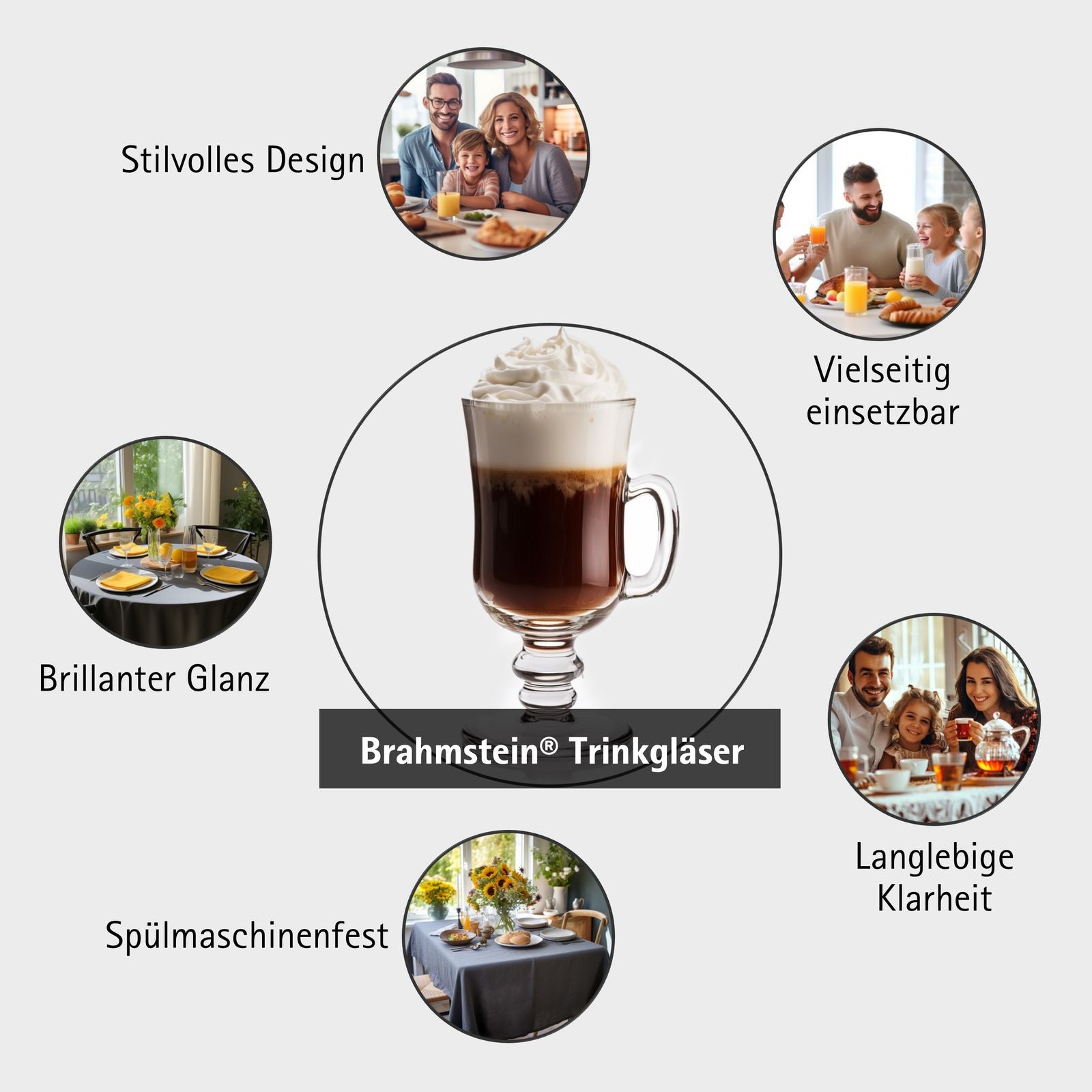 Irish Coffee Gläser mit Henkel (6er Set) - 227 ml - Ideal für Latte, Whisky, Glühwein & Heiße Schokolade