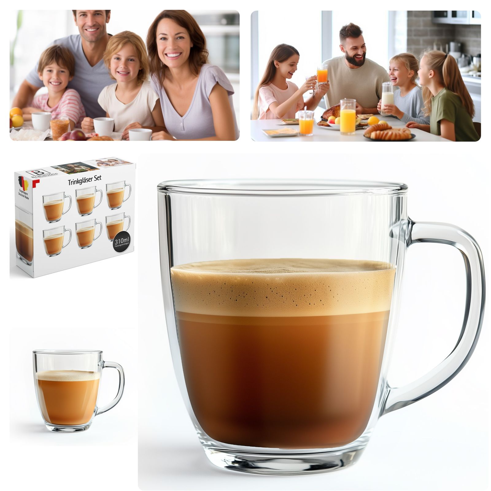 Henkelgläser 310 ml – Hitzebeständige Teegläser für Kaffee & Tee, spülmaschinenfest, klassisches Design