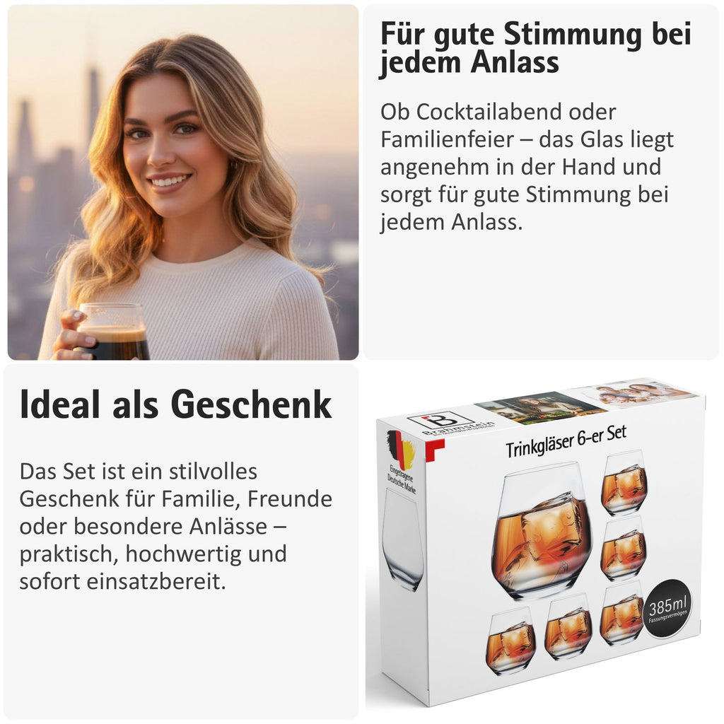 Trinkgläser Set Modernes Trinkgläser Set, 385 ml Klare Wassergläser mit dickem Boden, Perfekt für Cocktails, Wasser und Softdrinks, Spülmaschinenfest, Vielseitig