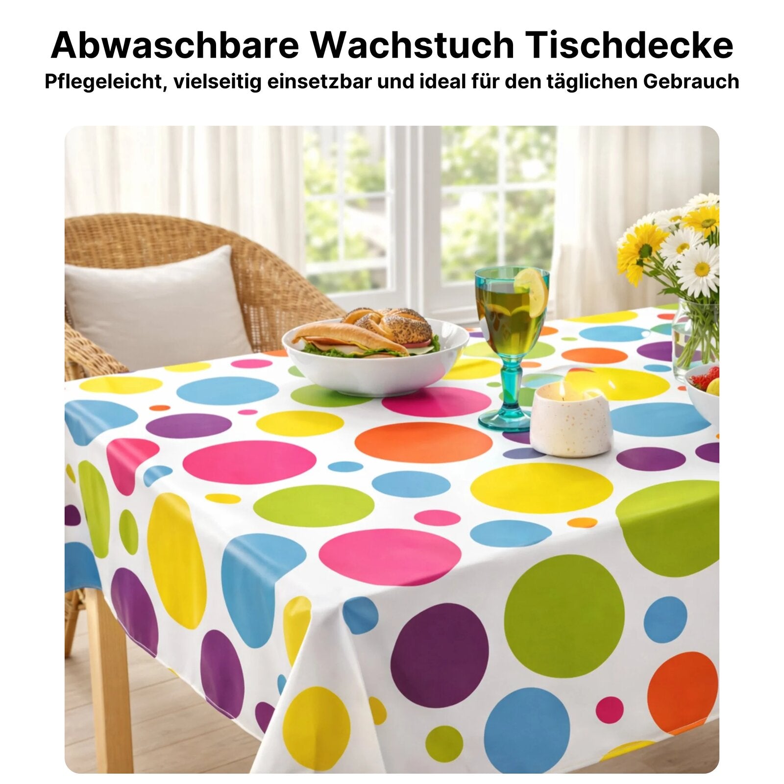 Wachstuch Tischdecke abwaschbar – pflegeleicht & wasserdicht – PVC mit Vliesrücken - Punkte groß bunt